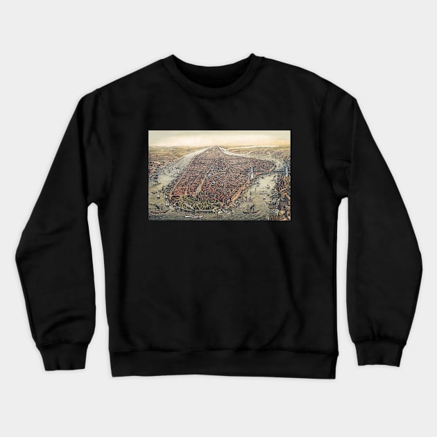 Antique map of New York City with Manhattan and the Brooklyn Bridge Crewneck Sweatshirt by MasterpieceCafe